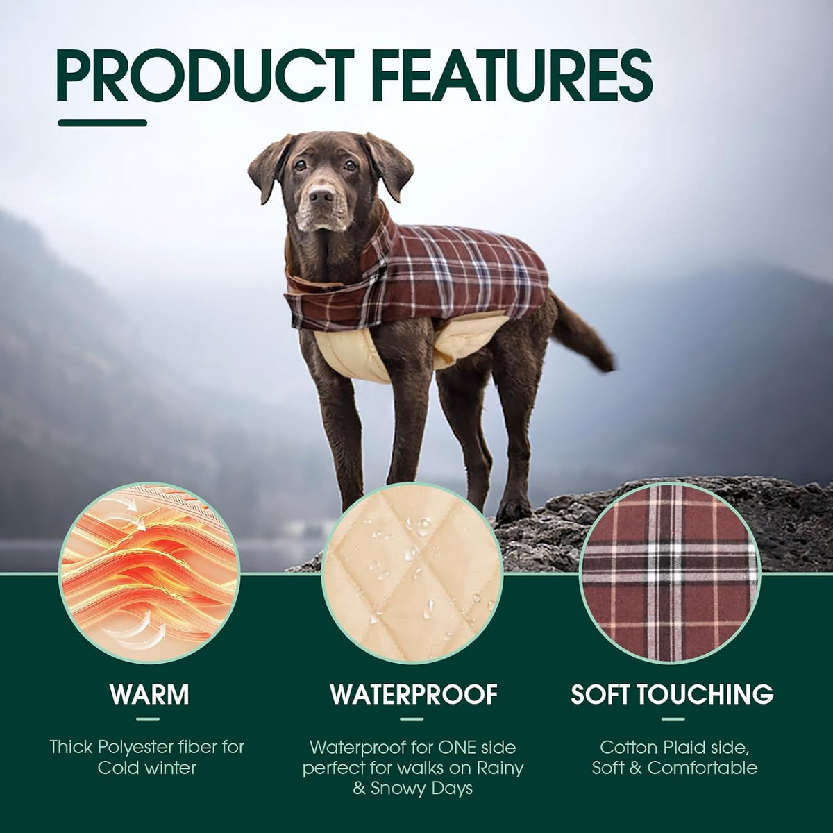 Kuoser Reversible Dog Coat Adjustable British Style Plaid Pet Jacket, Waterproof and Windproof, Blue, M
