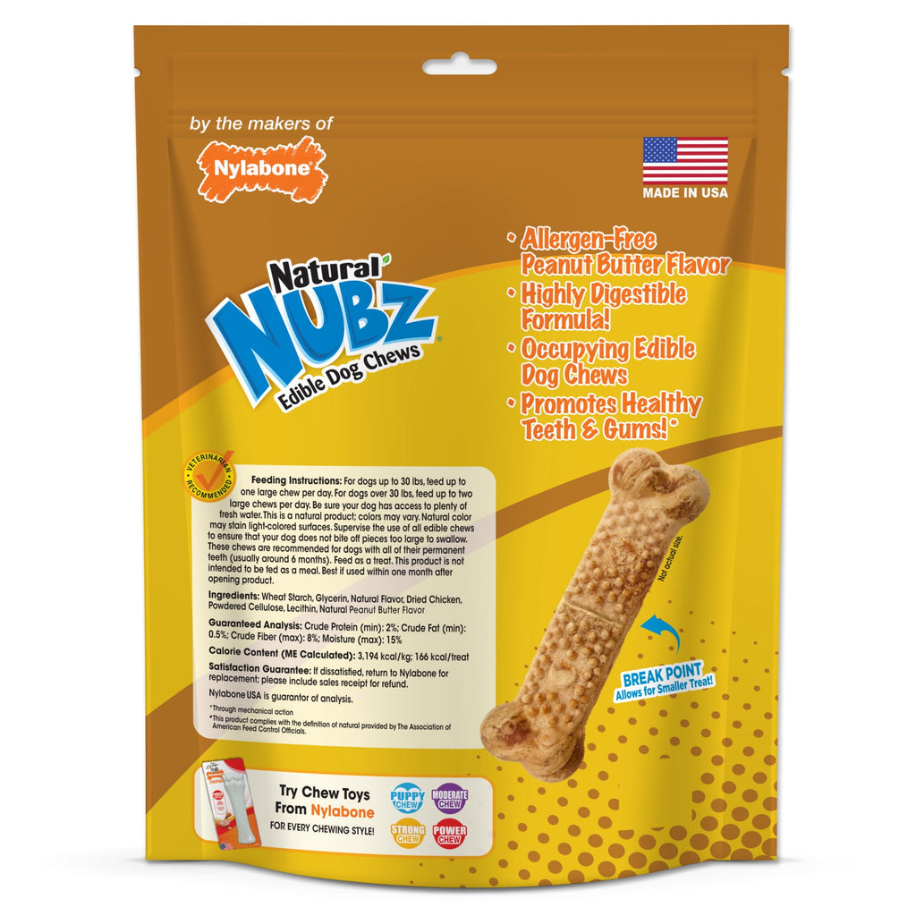 Nylabone Nubz Natural Dog Treats for Large Dogs, Peanut Butter Flavor Dog Bones, Large - 30+ lbs., 1.7 lb. Pouch, 15 Count