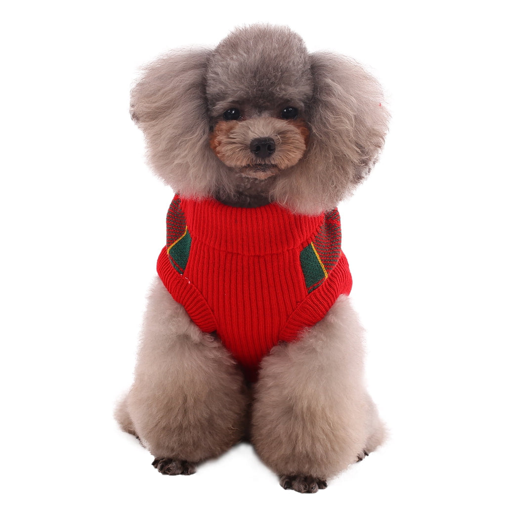 Kuoser Classic Plaid Dog Sweater Warm Pullover Knitwear for Small Medium Dogs, Red, S
