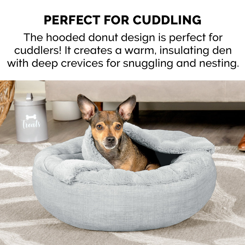 FurHaven Plush & Performance Linen Hooded Donut Pet Bed for Dogs & Cats - Mist Gray, Small - 24"