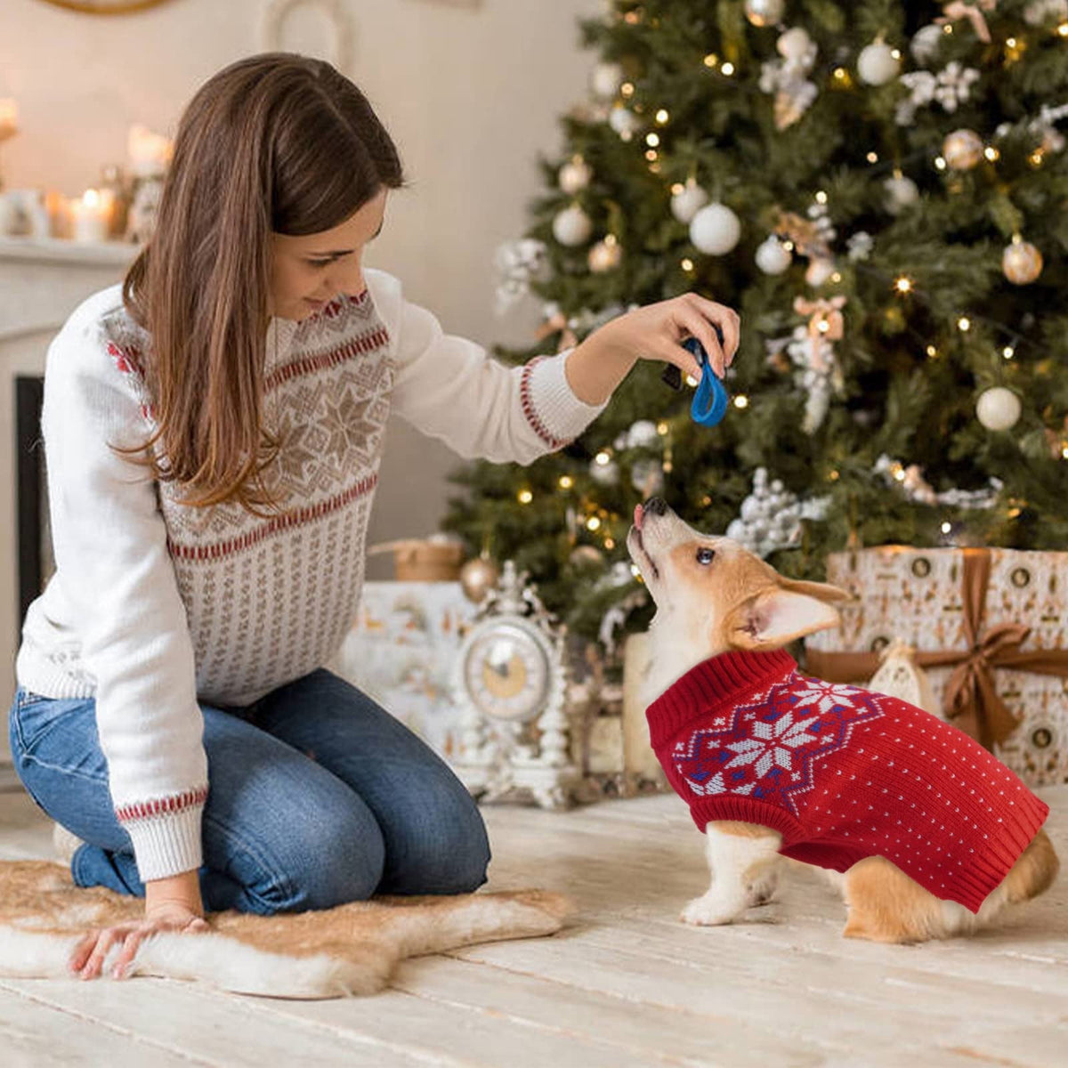 Kuoser Dog Cat Sweater, Holiday Christmas Snowflake Pet Warm Knitwear, Green, M