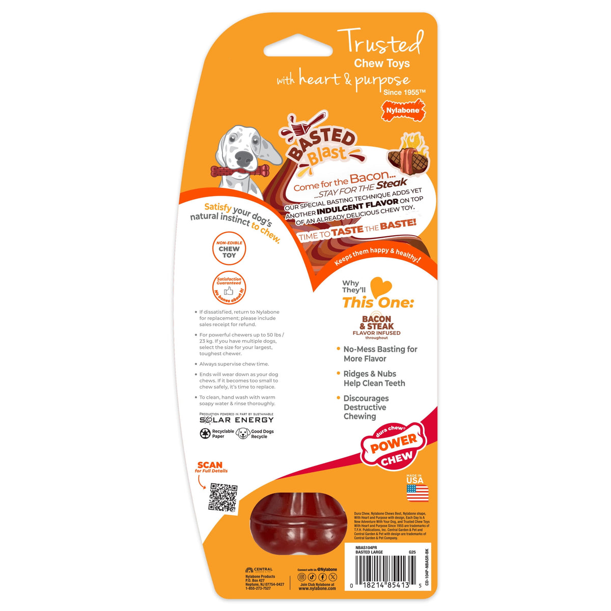 Nylabone Power Chew Textured Bone Dog Toy, Dog Chew Toy, Bacon & Steak Flavor, Large, 1 Count