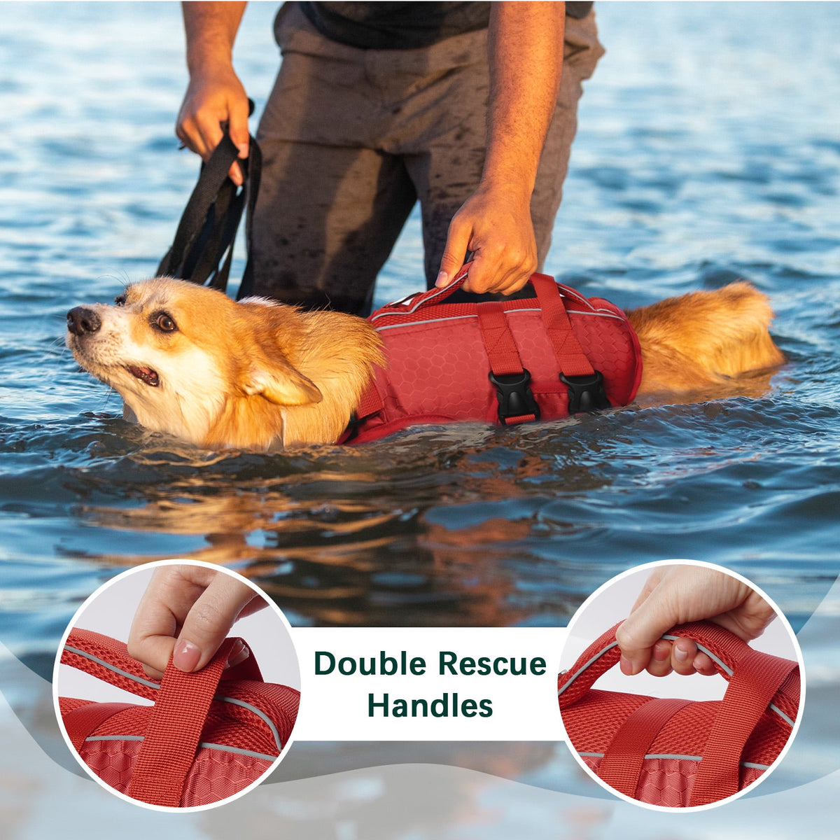 Kuoser Dog Life Jacket, Reflective and Adjustable Dog Life Vest for Small Medium Large Dogs Red, S