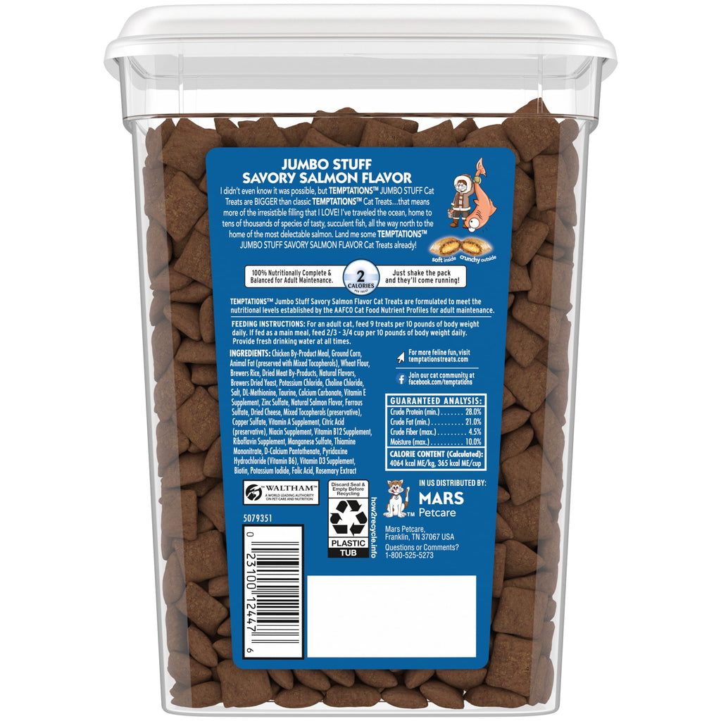 Temptations Jumbo Stuff Savory Salmon Flavor Crunchy And Soft Treats For Cats, 14 Oz Tub