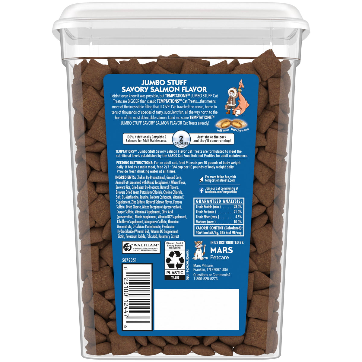 Temptations Jumbo Stuff Savory Salmon Flavor Crunchy And Soft Treats For Cats, 14 Oz Tub