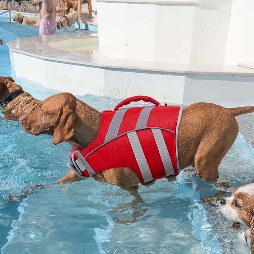 Kuoser Dog Life Jacket with Reflective Stripes, Adjustable Dog Life Vest, Red, M