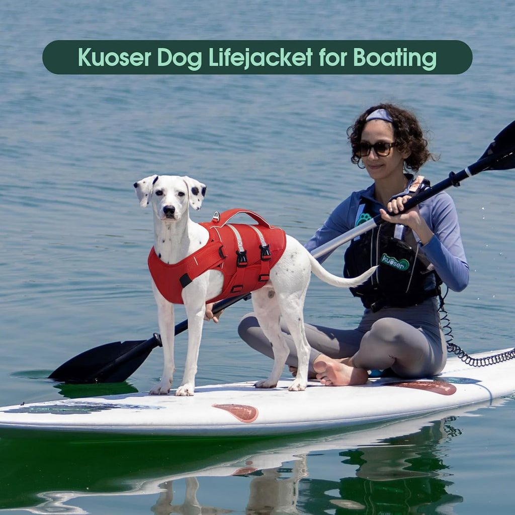 Kuoser Dog Life Jacket, High Flotation Dog Life Vest for Swimming Boating, Red, S