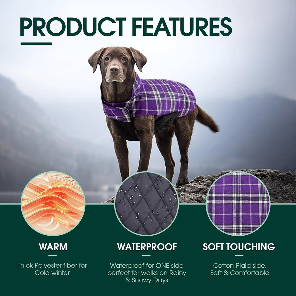 Kuoser Reversible Dog Coat Adjustable British Style Plaid Pet Jacket, Waterproof and Windproof, Blue, M