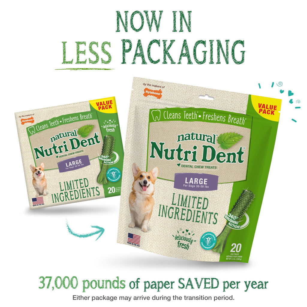 Nylabone Nutri Dent Natural Dental Chews for Dogs, Limited Ingredient Dog Treats, Teeth Cleaning Dental Sticks for Dogs, Fresh Breath Flavor, For Large Dogs (20 Count)