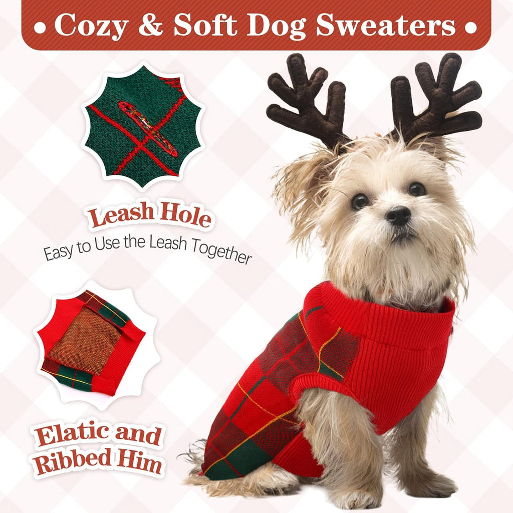 Kuoser Classic Plaid Dog Sweater Warm Pullover Knitwear for Small Medium Dogs, Red, S