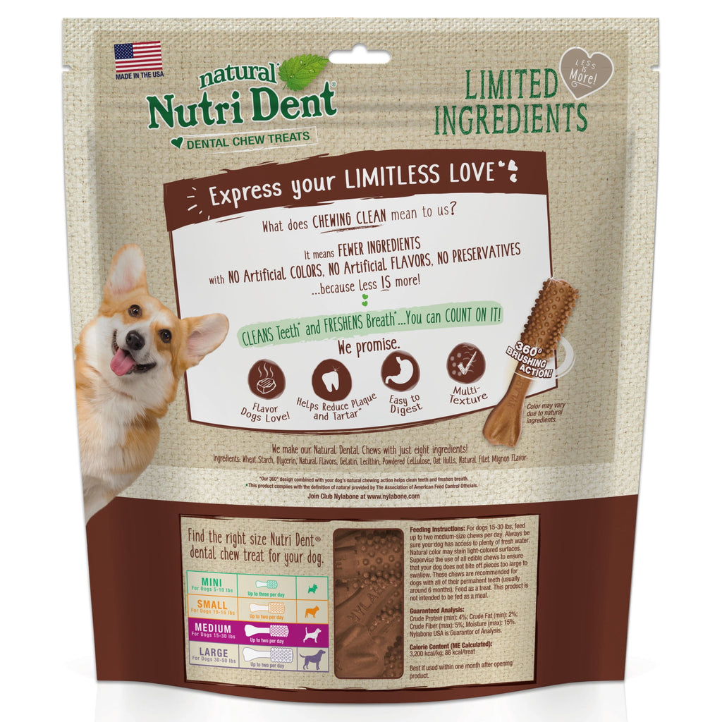 Nylabone Nutri Dent Natural Dental Chews for Dogs, Limited Ingredient Dog Treats, Teeth Cleaning Dental Sticks for Dogs, Filet Mignon Flavor, For Medium Dogs (40 Count)