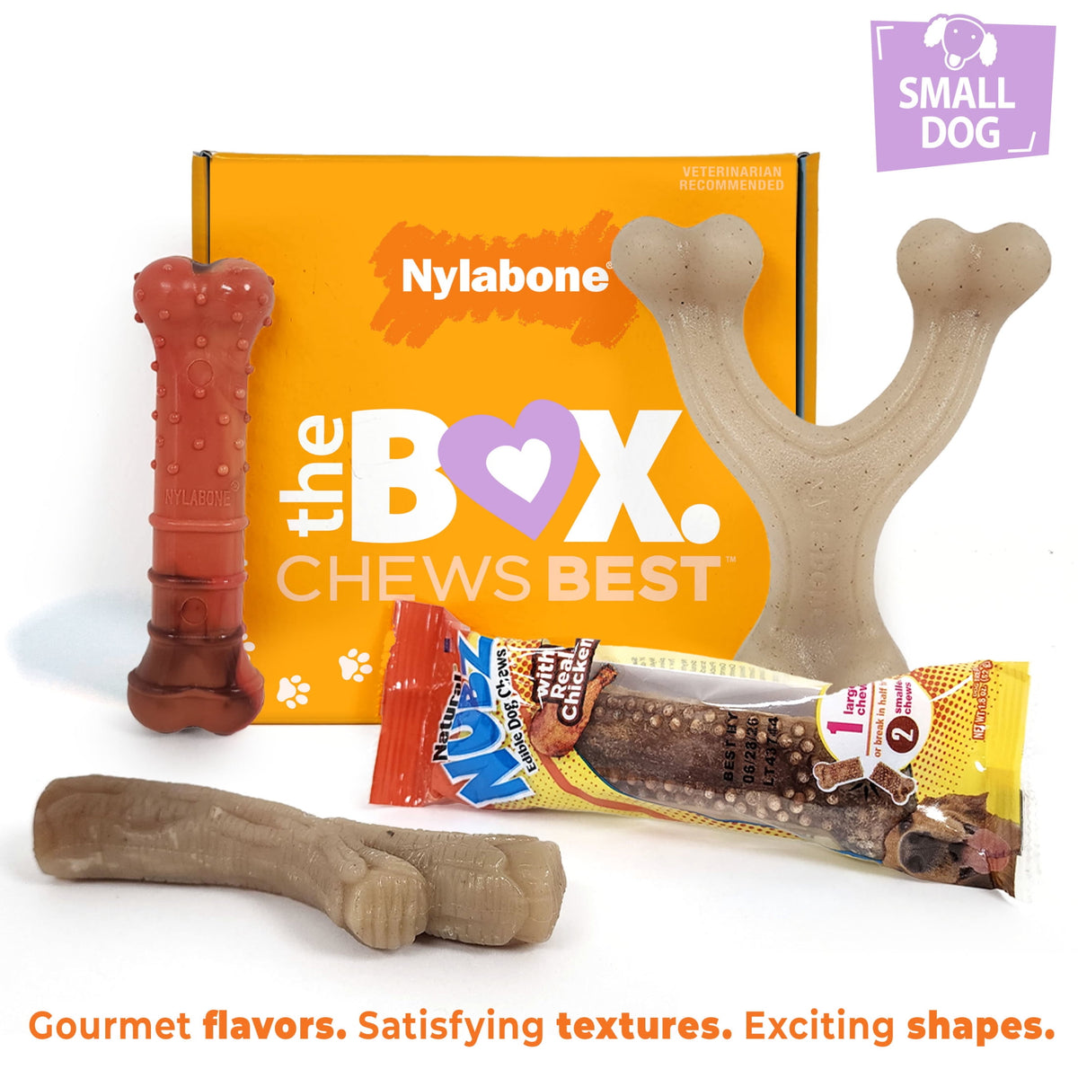Nylabone Dog Toy Gift Box, Includes 3 Dog Chew Toys and 1 Dog Treat, Small Dogs, 4 Pack