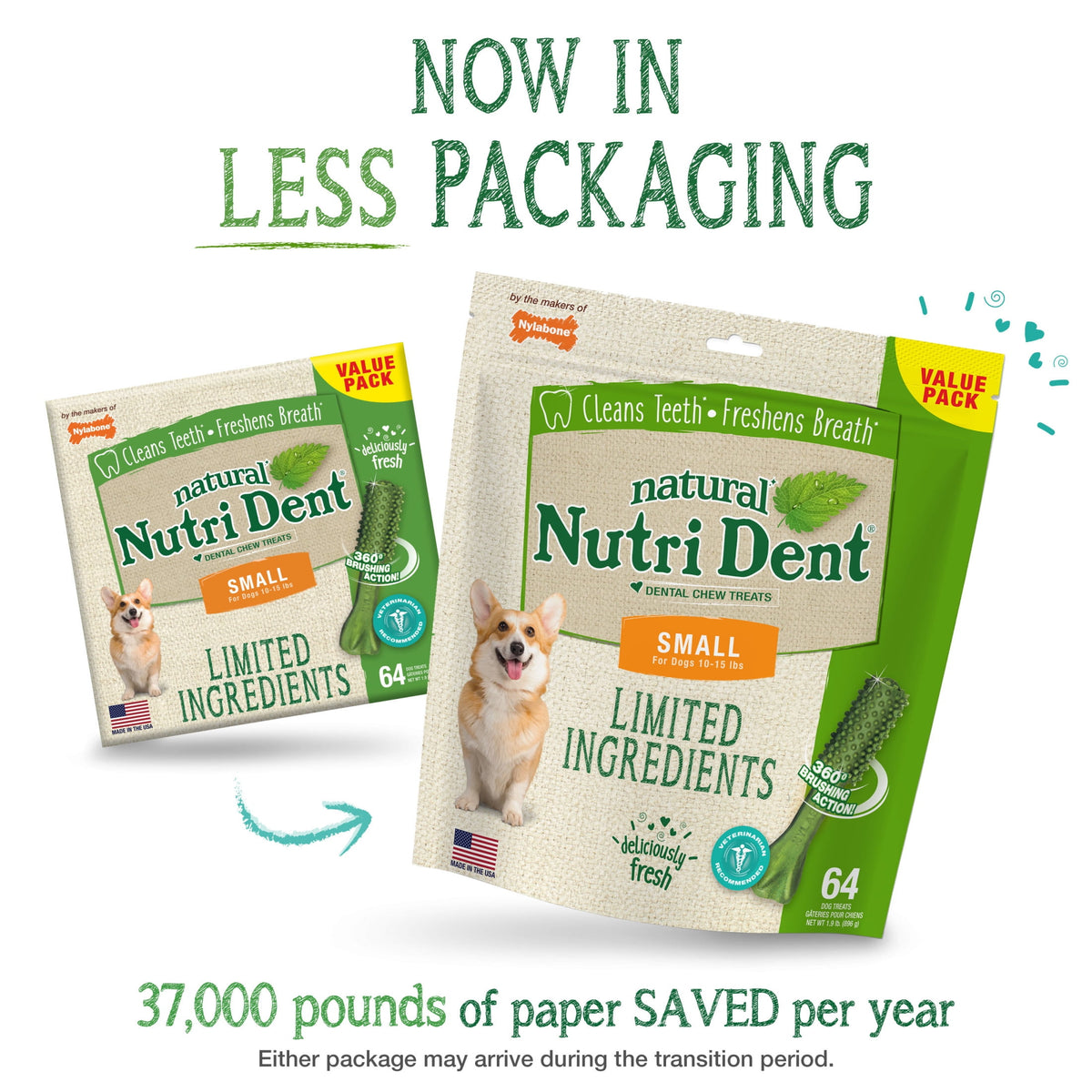 Nylabone Nutri Dent Natural Dental Chews for Dogs, Limited Ingredient Dog Treats, Teeth Cleaning Dental Sticks for Dogs, Fresh Breath Flavor, For Small Dogs (64 Count)