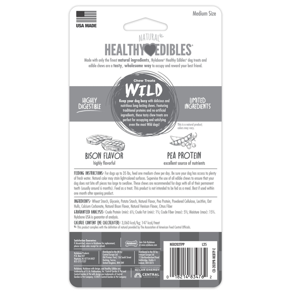 Nylabone Healthy Edibles WILD Dog Treats, All-Natural Long Lasting Chew Treats, Bison Flavor, Medium, 10 Count