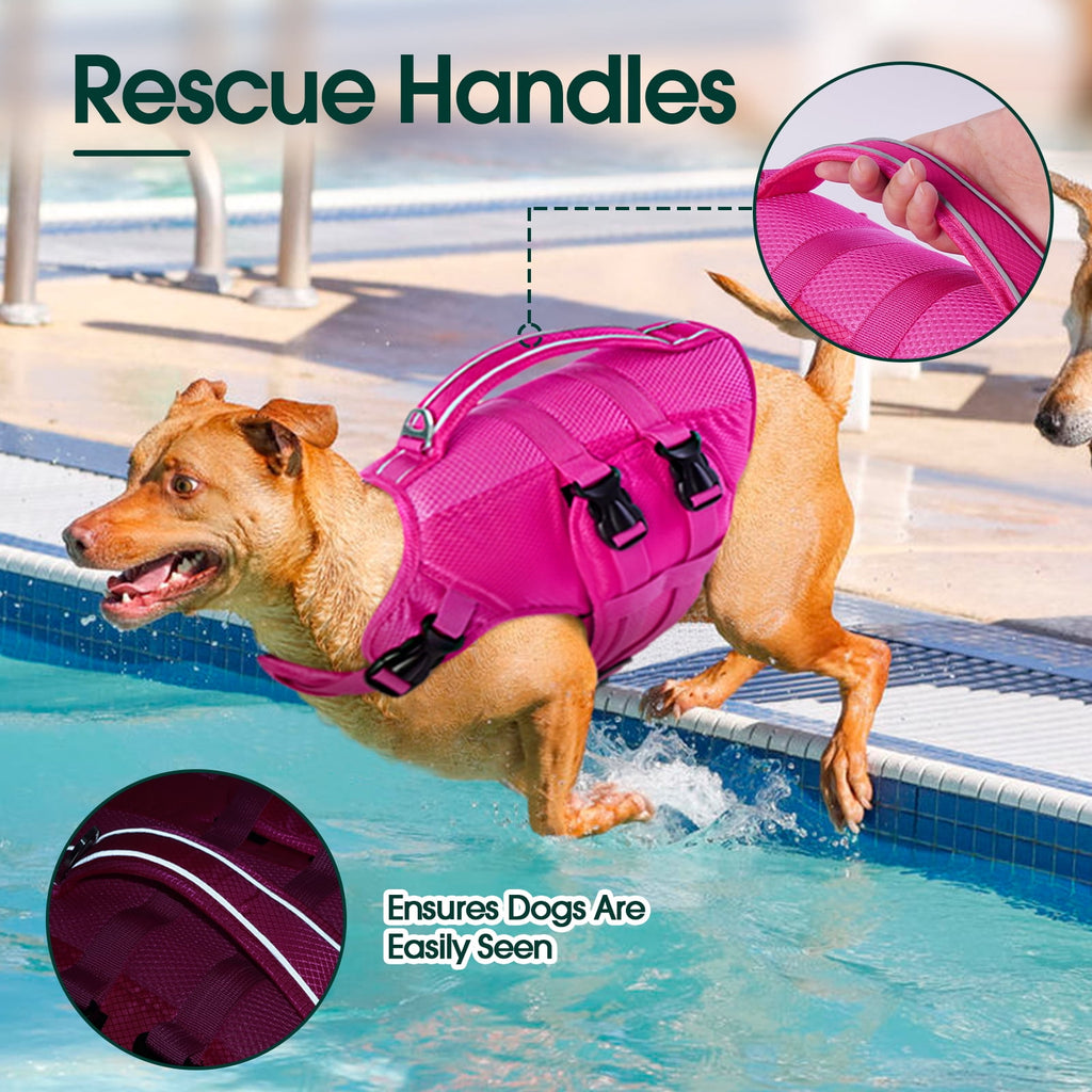 Kuoser Dog Life Jacket, Reflective Life Vest with Rescue Handle for Small Medium Large Dogs, Rosered, L
