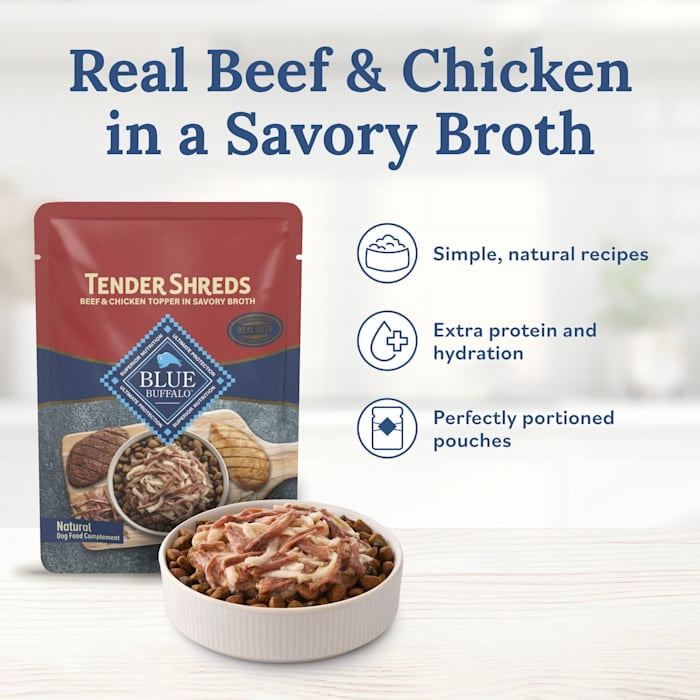 Blue Buffalo Tender Shreds Toppers, Dog Food, Beef & Chicken, 2.5oz. Pouch