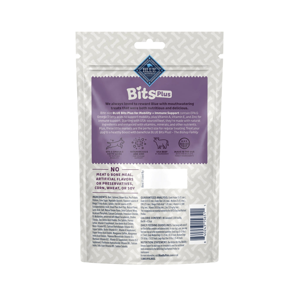 Blue Buffalo BLUE Bits Plus Mobility and Immune Support Daily Benefit Dog Treats, Soft & Chewy Beef Morsels, 9.5-oz. Bag