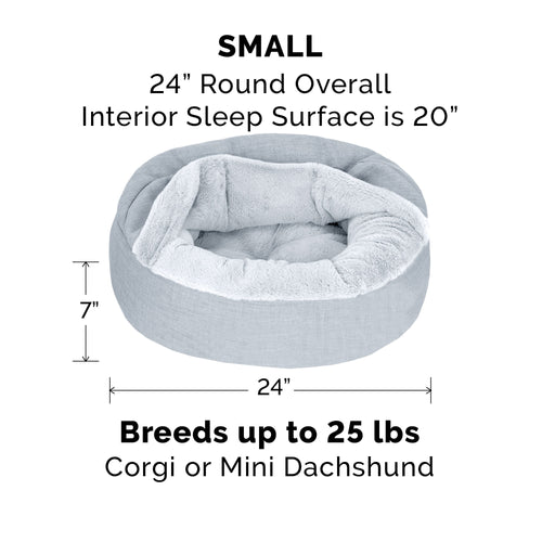 FurHaven Plush & Performance Linen Hooded Donut Pet Bed for Dogs & Cats - Mist Gray, Small - 24"