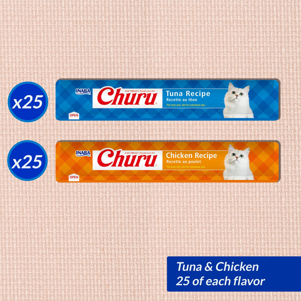 INABA Churu Cat Treats, Grain-Free, Lickable, Squeezable Creamy Purée Cat Treat/Topper with Vitamin E & Taurine 0.5 Ounces Each Tube, 50 Tubes, Tuna & Chicken Variety