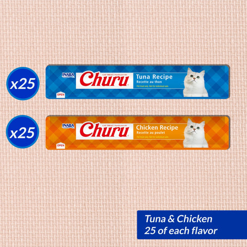 INABA Churu Cat Treats, Grain-Free, Lickable, Squeezable Creamy Purée Cat Treat/Topper with Vitamin E & Taurine 0.5 Ounces Each Tube, 50 Tubes, Tuna & Chicken Variety