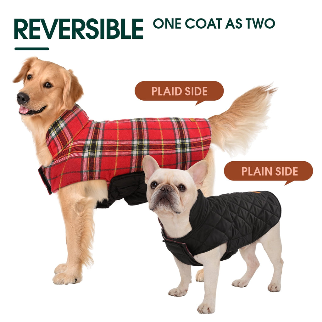 Kuoser Reversible Dog Coat Adjustable British Style Plaid Pet Jacket, Waterproof and Windproof, Blue, M