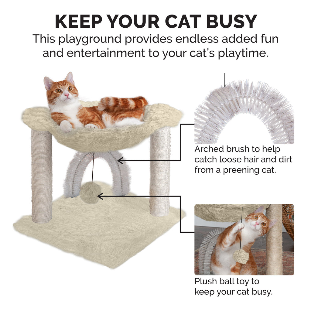 Furhaven Tiger Tough Small Cat Tree Plush Hammock Playground w/ Toys & Self-Grooming Brush - Cream, One Size One Size Cat Tree - Plush Hammock Playground (Cream)