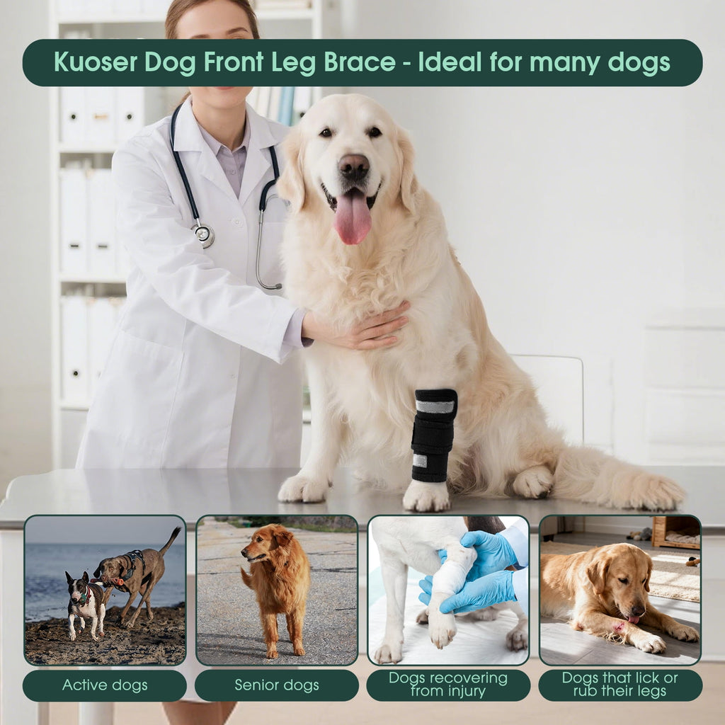 Kuoser Dog Front Leg Brace – Adjustable Carpal Support Wrap for Canine Joint, Wound Recovery & Anti-Licking Sleeve, Black, S/M