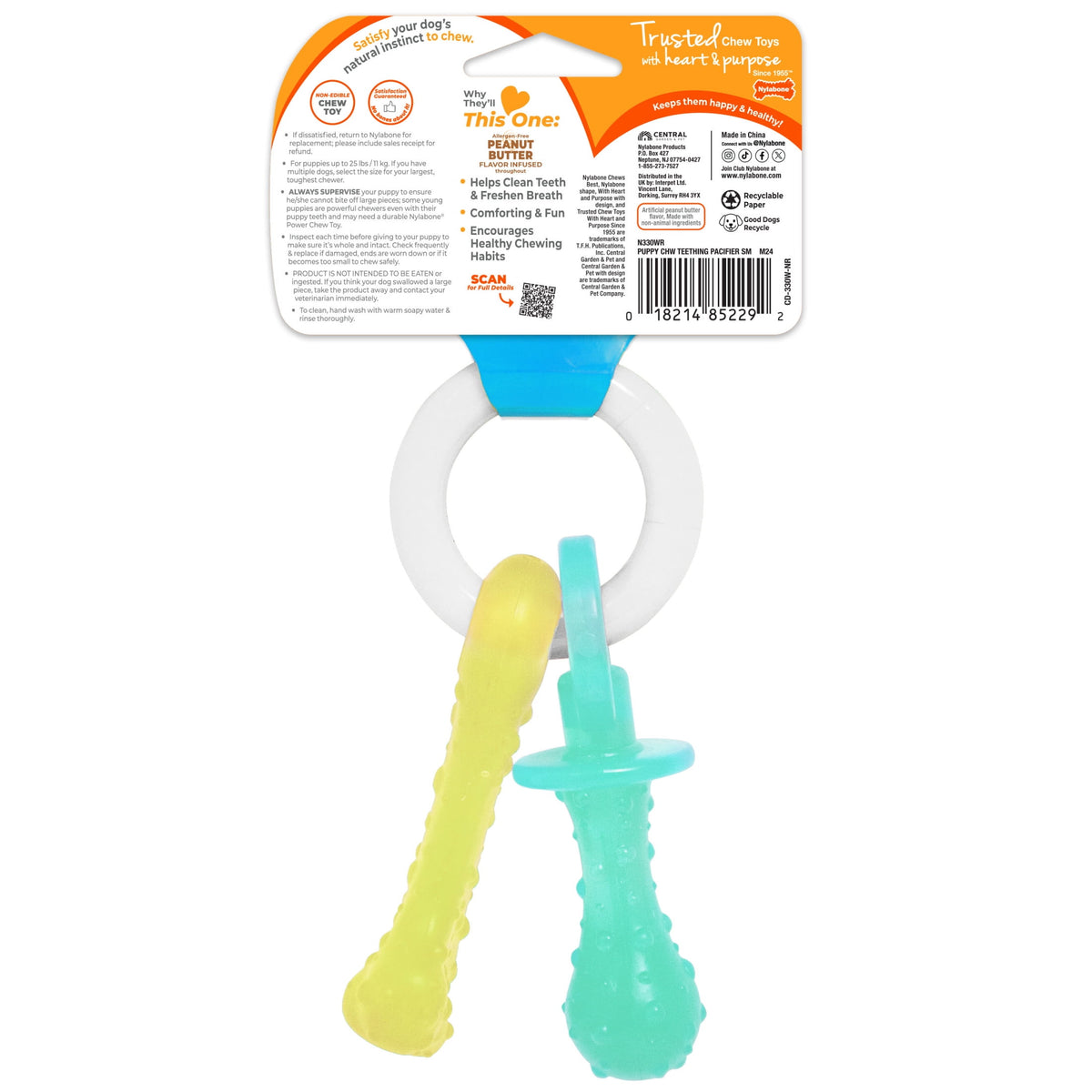 Nylabone Puppy Chew Pacifier Dog Toy, Dog Chew Toy, Peanut Butter Flavor, Small, 1 Count