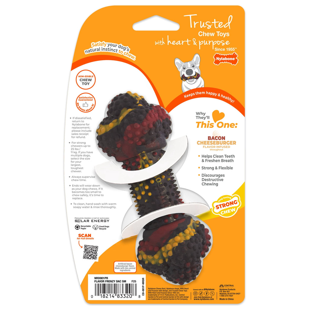 Nylabone Strong Chew Double Action Bone Dog Toy, Rubber Dog Chew Toy, Bacon Cheeseburger Flavor, Small, 1 Count