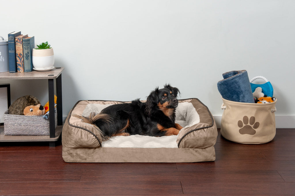 FurHaven Pet Products Velvet Waves Perfect Comfort Cooling Gel Top Sofa-Style Pet Bed for Dogs & Cats - Brownstone, Medium