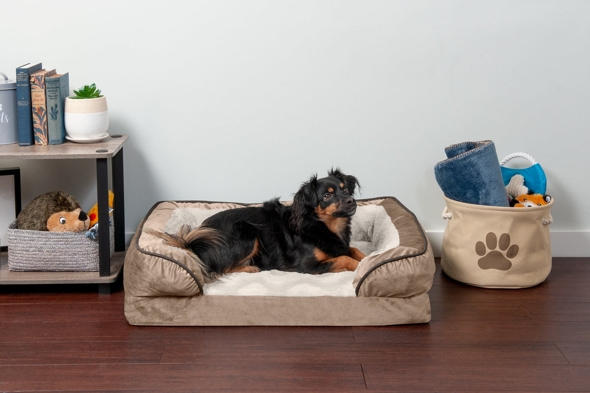 FurHaven Pet Products Velvet Waves Perfect Comfort Cooling Gel Top Sofa-Style Pet Bed for Dogs & Cats - Brownstone, Medium
