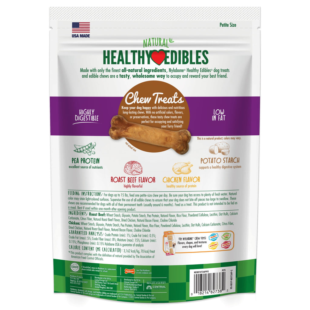 Nylabone Healthy Edibles Natural Dog Treats, Long Lasting Dog Bones, Roast Beef & Chicken Flavor Dog Treats, For X-Small Dogs (34 Count)