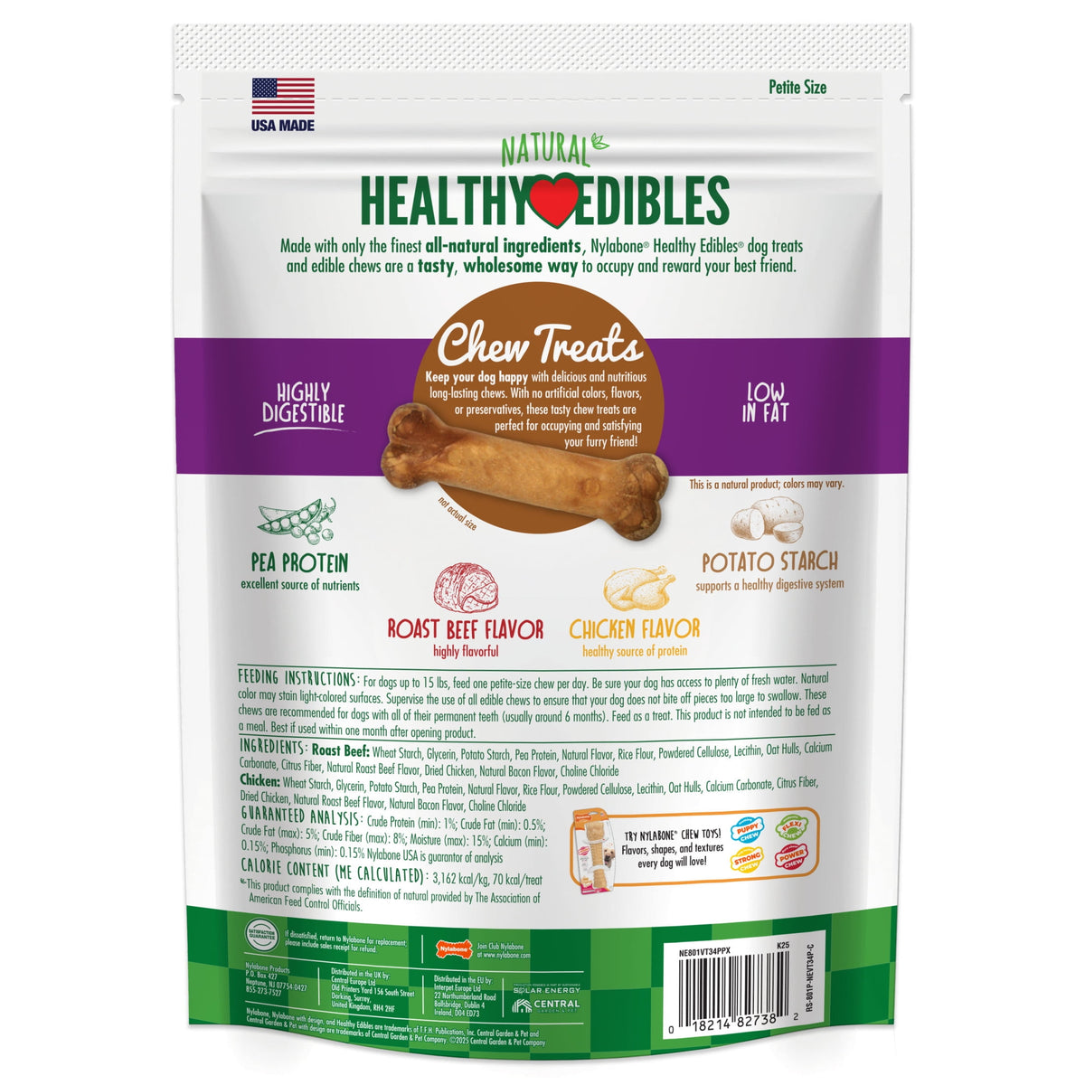 Nylabone Healthy Edibles Natural Dog Treats, Long Lasting Dog Bones, Roast Beef & Chicken Flavor Dog Treats, For X-Small Dogs (34 Count)