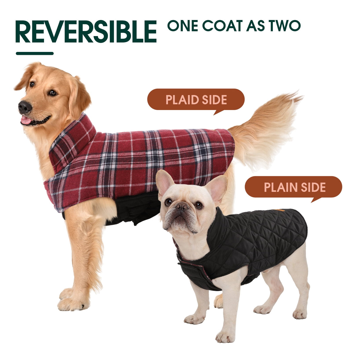 Kuoser Reversible Dog Coat Adjustable British Style Plaid Pet Jacket, Waterproof and Windproof, Blue, M