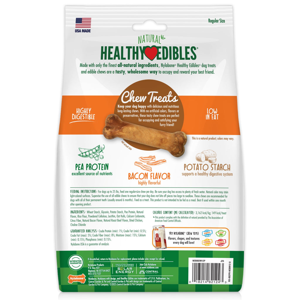 Nylabone Healthy Edibles Natural Dog Treats, Long Lasting Dog Bones, Bacon Flavor Dog Treats, For X-Small Dogs (8 Count)