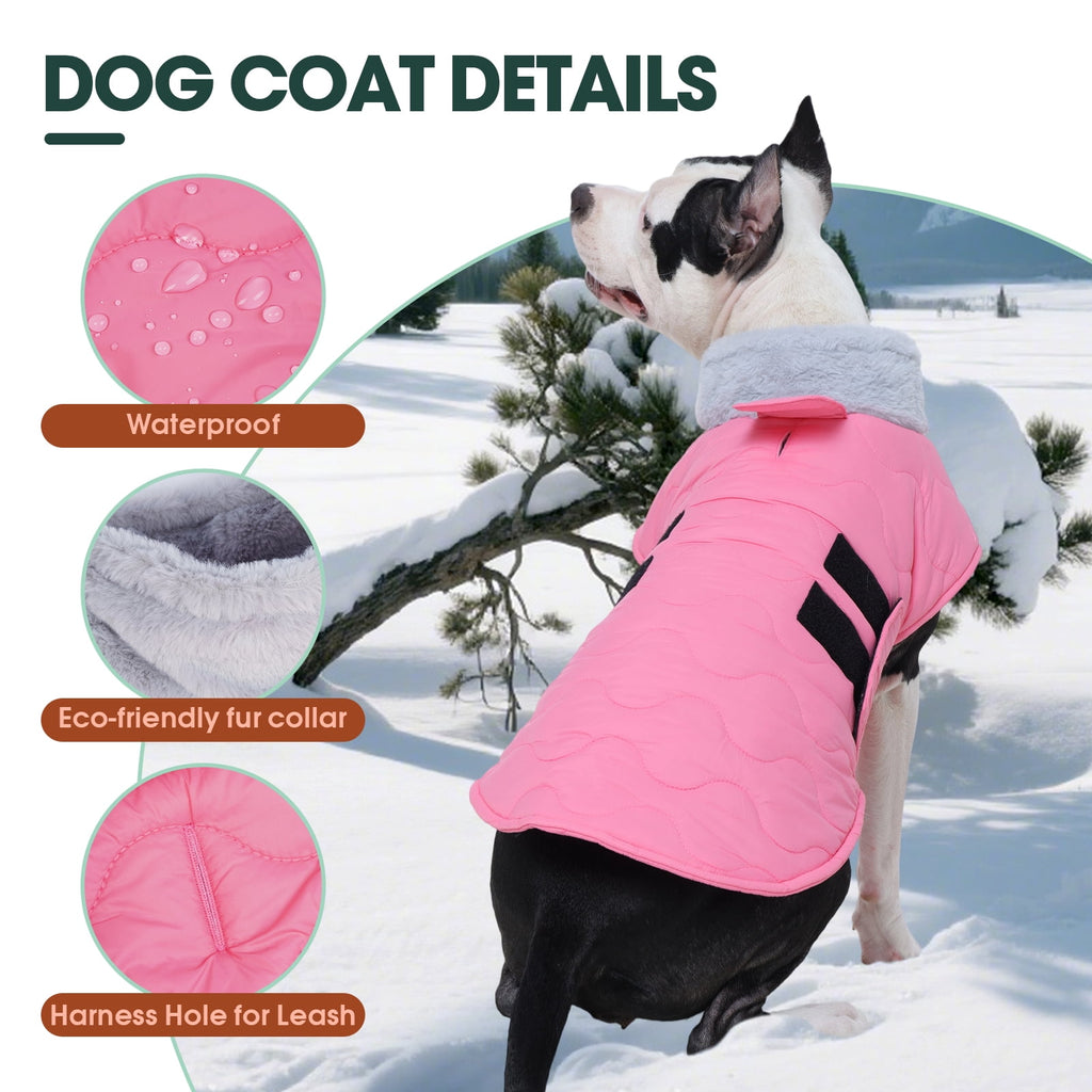 Kuoser Dog Coat Warm Pet Jacket with Eco-friendly Fur Collar, Windproof, Waterproof and Easy Hook-and-loop Closure, Pink, medium