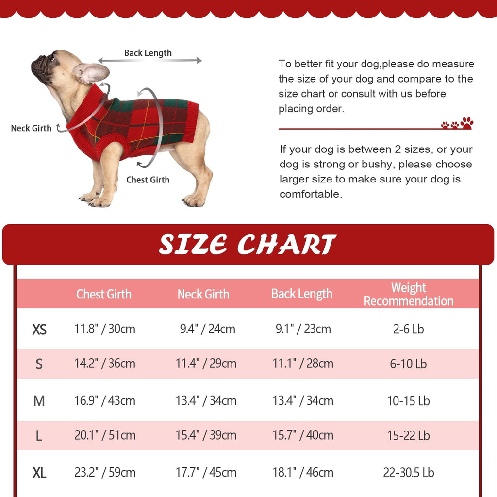 Kuoser Classic Plaid Dog Sweater Warm Pullover Knitwear for Small Medium Dogs, Red, S