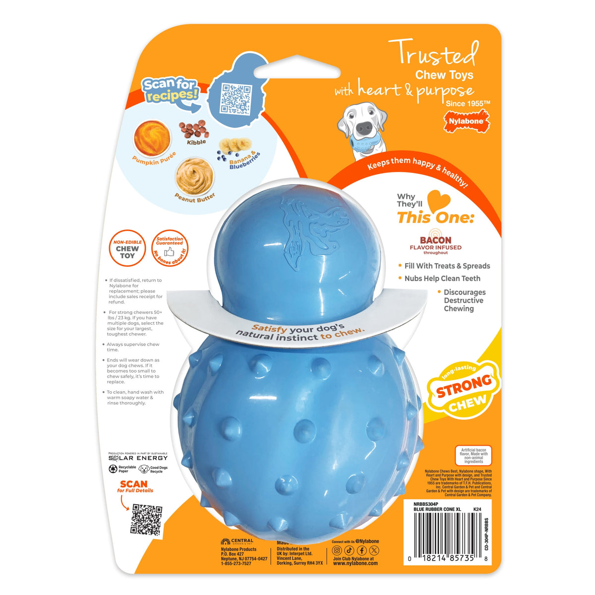 Nylabone Strong Chew Rubber Stuffable Cone Dog Treat, Dog Toys, Bacon Flavor, Red, Medium