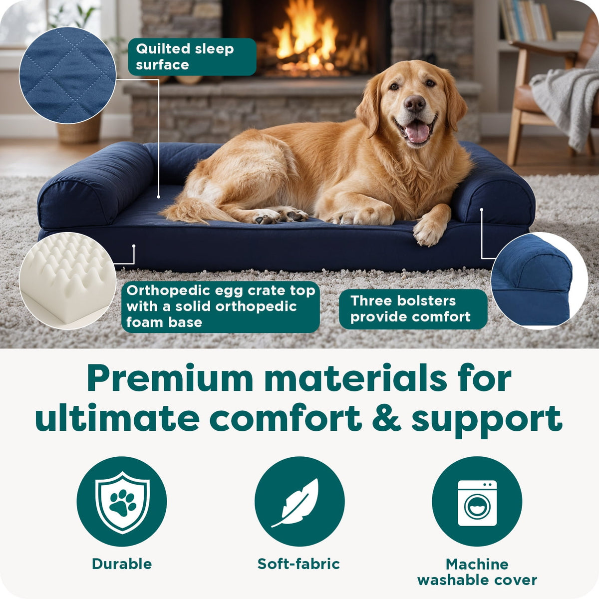 FurHaven Classic Sofa Orthopedic Dog Bed For Large Dogs, Solid Orthopedic Foam Slab for Joint Support, Removable Washable Cover, Jumbo Plus/XXL, Quilted Sofa, Ensign Blue
