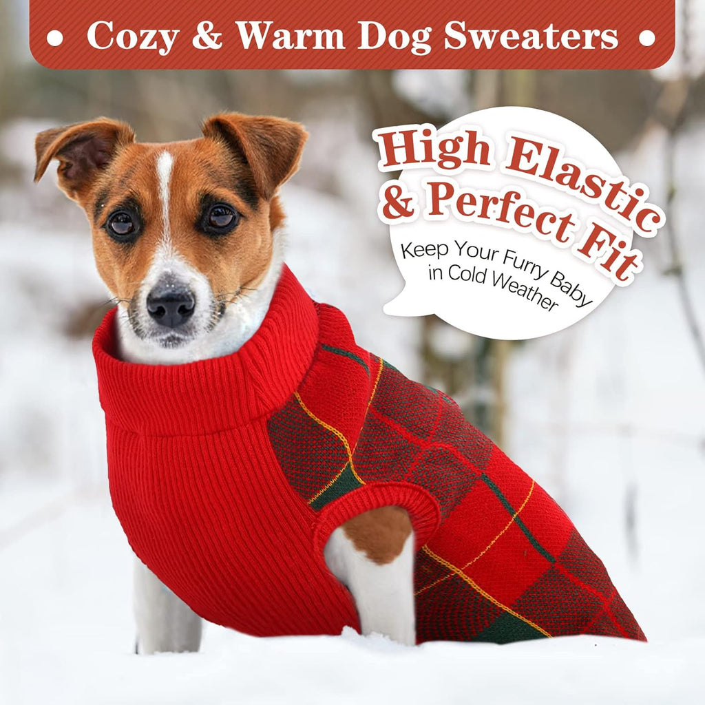 Kuoser Classic Plaid Dog Sweater Warm Pullover Knitwear for Small Medium Dogs, Red, S