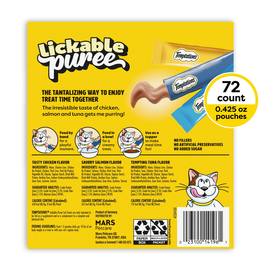 Temptations Creamy Puree Squeezable Lickable Wet Treat for Cats, 0.42 oz (24ct Variety Pack)