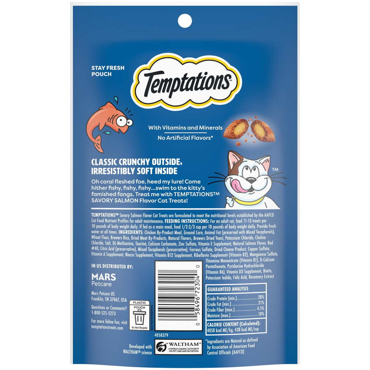 Temptations Classic Savory Salmon Flavor Crunchy And Soft Treats For Cats, 3 Oz Pouch