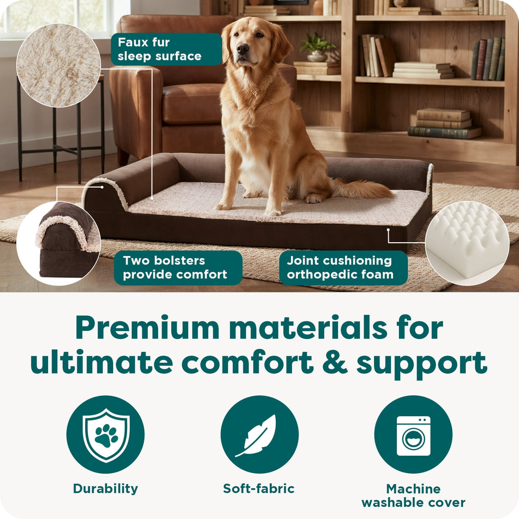 FH Two-Tone Plush Faux Fur & Suede L Shaped Chaise-MD-Stone Gray