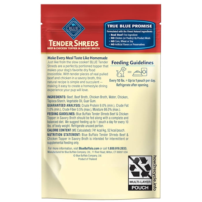 Blue Buffalo Tender Shreds Toppers, Dog Food, Beef & Chicken, 2.5oz. Pouch