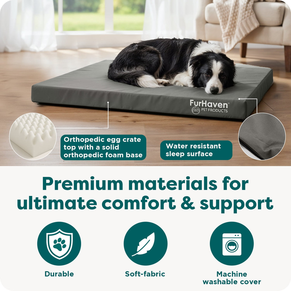 FurHaven Coated Oxford Indoor/Outdoor Deluxe Orthopedic Mattress Pet Bed, Stone Gray, Medium, 1 Count