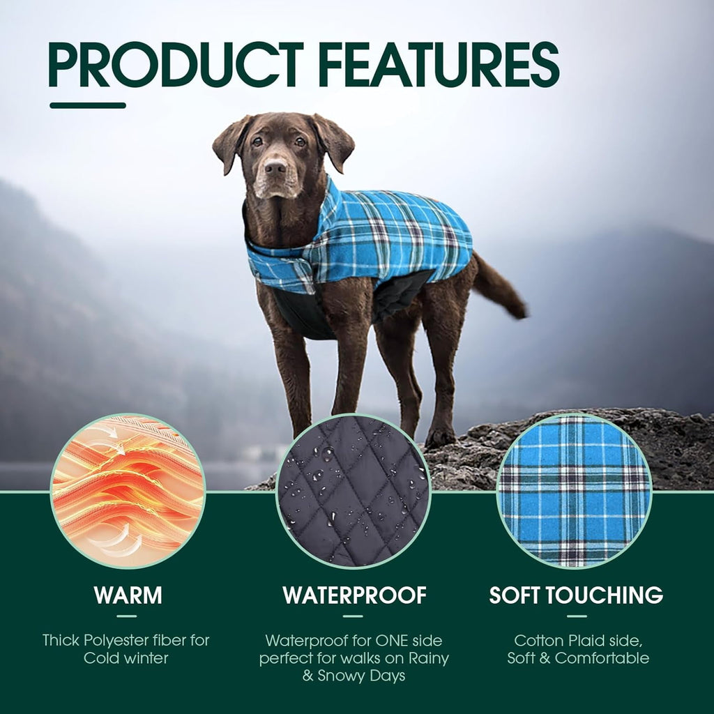 Kuoser Reversible Dog Coat Adjustable British Style Plaid Pet Jacket, Waterproof and Windproof, Blue, M