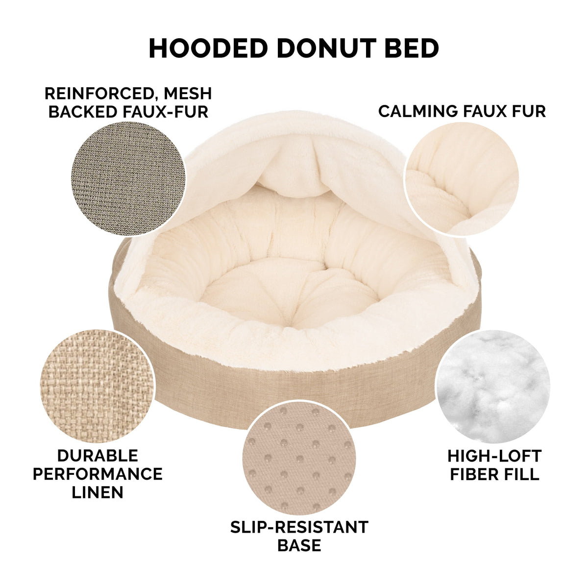 FurHaven Plush & Performance Linen Hooded Donut Pet Bed for Dogs & Cats - Mist Gray, Small - 24"