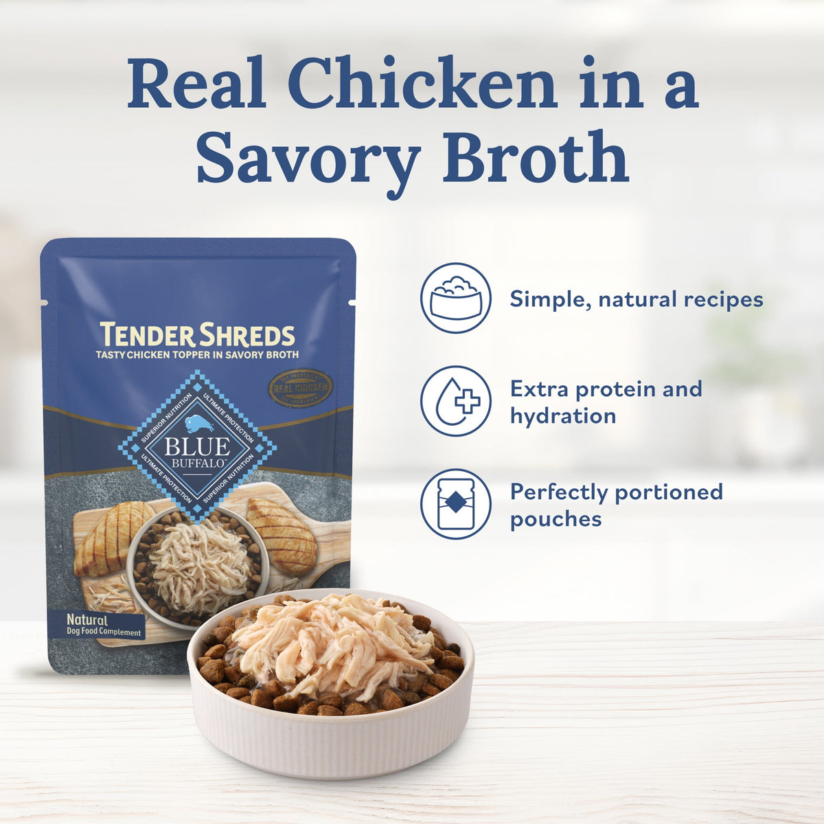 Blue Buffalo Tender Shreds Chicken Toppers, Dog Food, Chicken, 2.5oz. Pouch