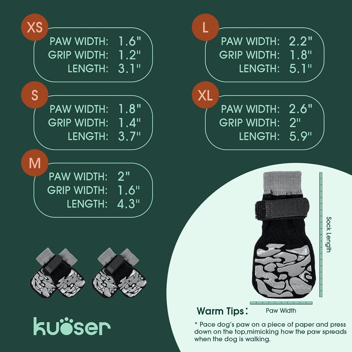 Kuoser Non-Slip Dog Socks for Hardwood Floors & Hot Pavement, Adjustable Pet Socks to Stop Licking and Slipping, Black, M