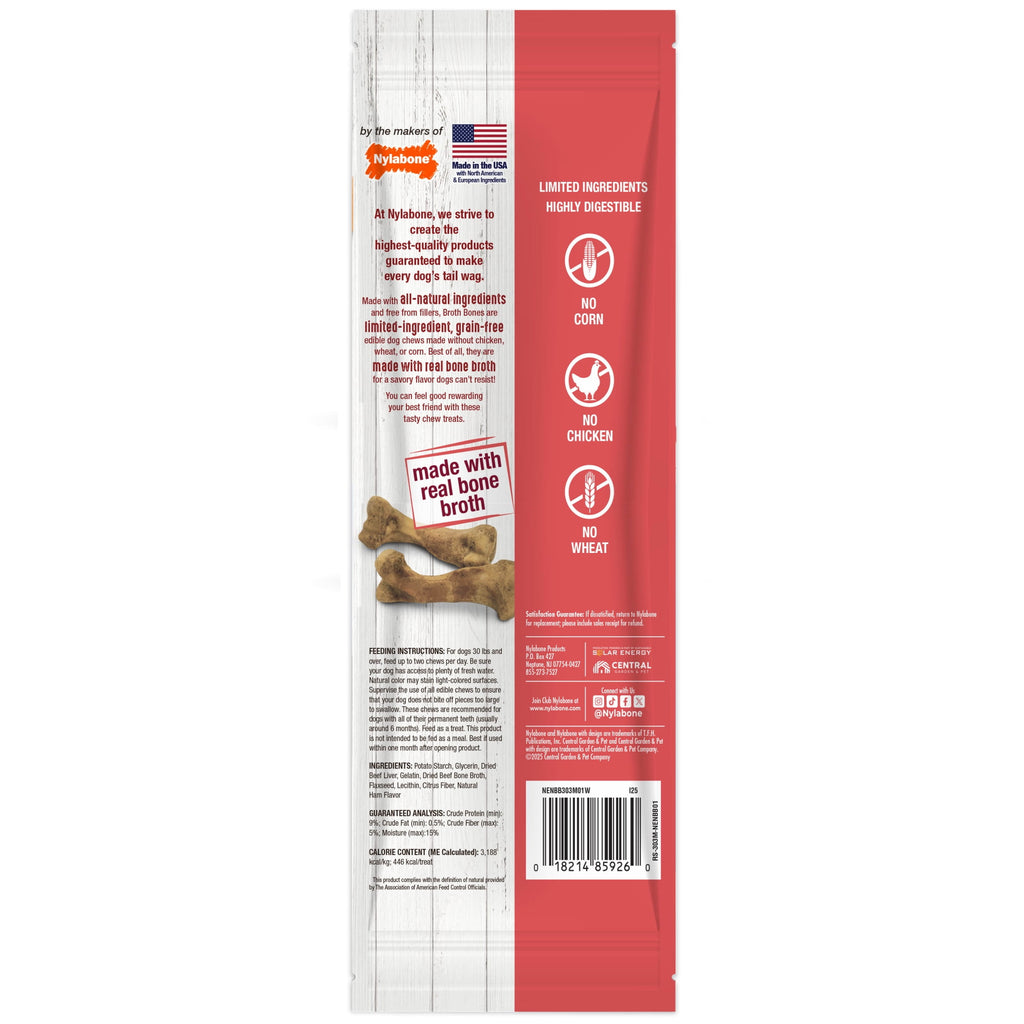 Nylabone Broth Bones Natural Dog Treats for Dogs, Bone Broth Dog Bones, Ham Flavor, For Large Dogs (1 Count)